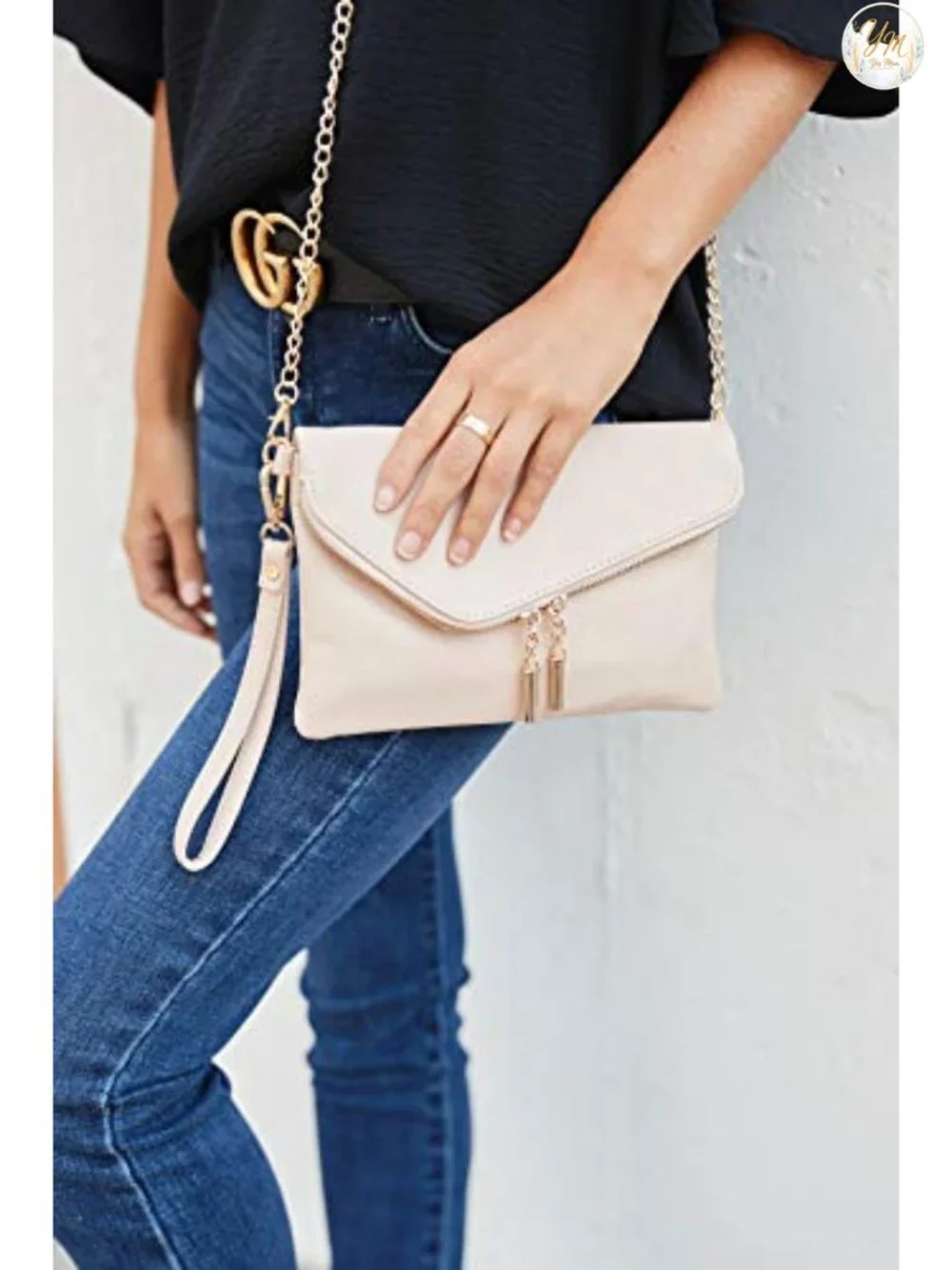 Envelope Wristlet Clutch Crossbody Bag with Chain Strap Faux Leather Gold